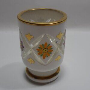 Vintage Czech Bohemian Cased Glass White Overlay Cut To Clear Floral Vase